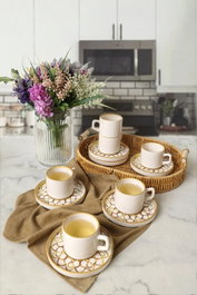 Hermia Juego de tazas de té de 12 piezas, Canela y Blanco